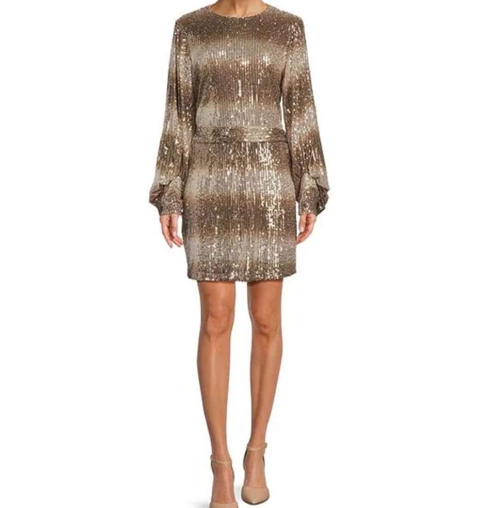 Badgley Mischka JennaNWTSequinOmbre Crew Neck LongSleeve TieSash Sheath Dress